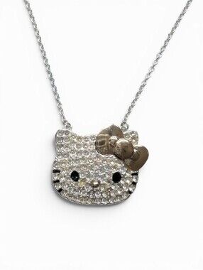 Hello Kitty Bling Rhinestone Crystal Pendant Silvertone Necklace